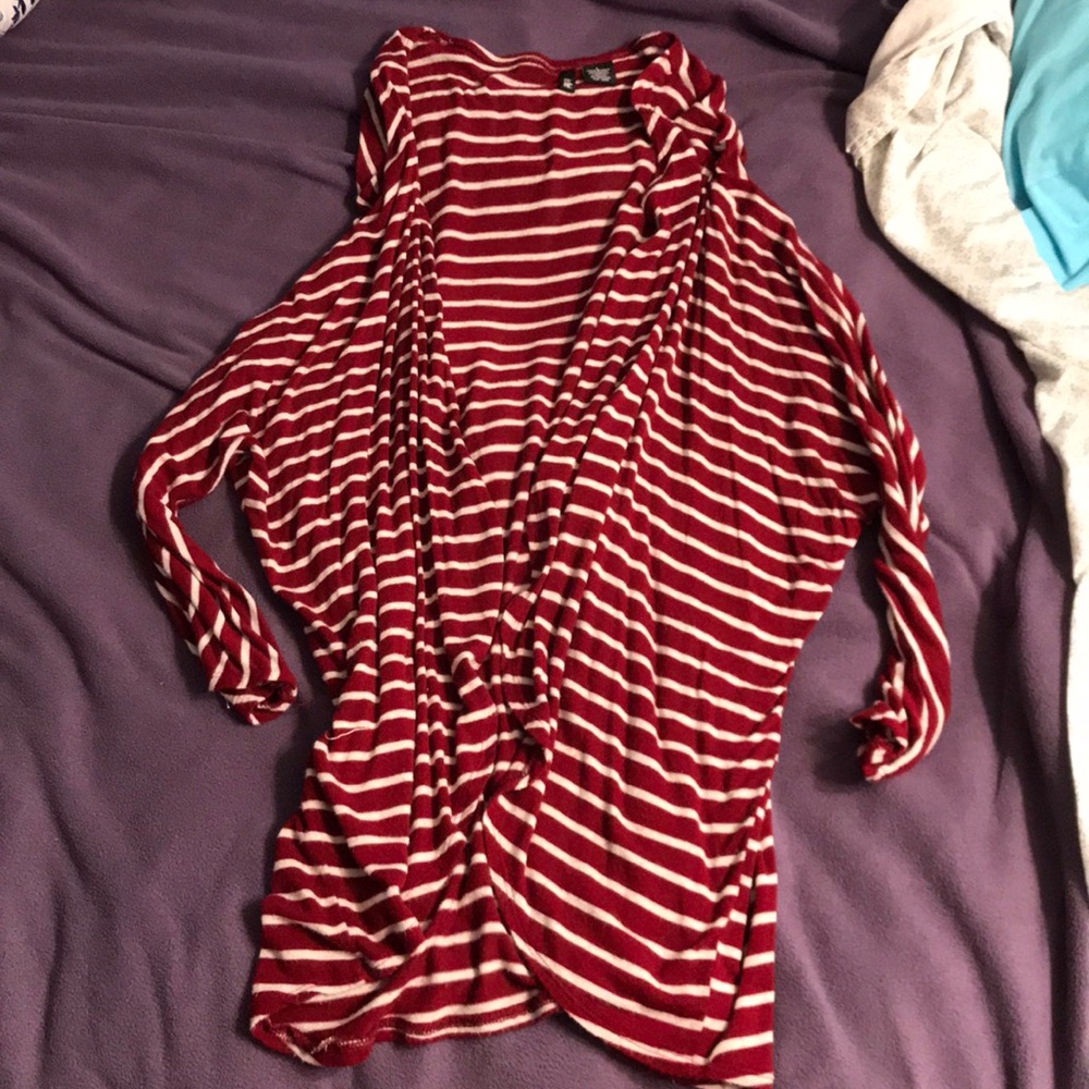 3/4 sleeve red and cream stripped cardigan